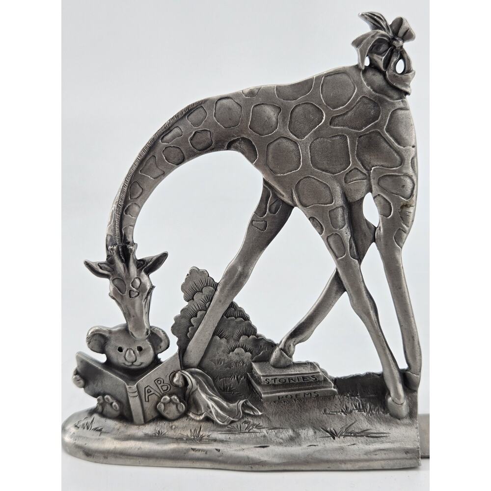 Whimsical Vtg 90s Etain Zinn Seagull Pewter Giraffe Elephant Storytime Bookends - Picture 2 of 16
